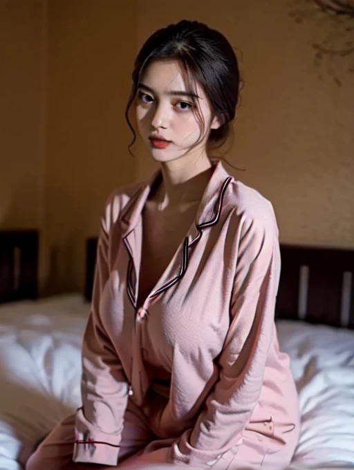 beautiful young woman in sexy satin pink pajamas, laying on bed, sensual pose, , (blunt bang):1.5 ,detailed face, beautiful detailed eyes, beautiful detailed lips, extremely detailed eyes and face, (best quality,4k,8k,highres,masterpiece:1.2),ultra-detailed,(realistic,photorealistic,photo-realistic:1.37),HDR,studio lighting,extreme detail description,professional,vivid colors,soft warm lighting,moody lighting,dramatic lighting,(full body), (dark bedroom interior, minimal lighting, night:1.5)