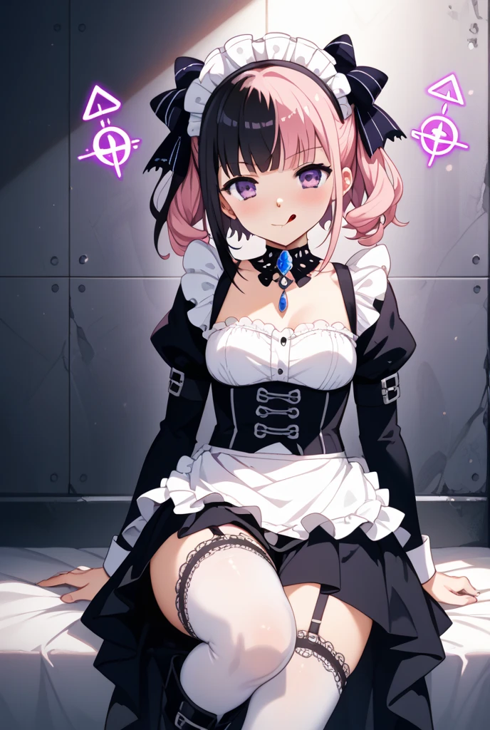xiaocj,1girl,parted lips,blush,light smile,glow,thighs,purple eye,collarbone,sunbeam,sunlight,rose,(masterpiece),looking at viewer,maid uniform,digitigrade,