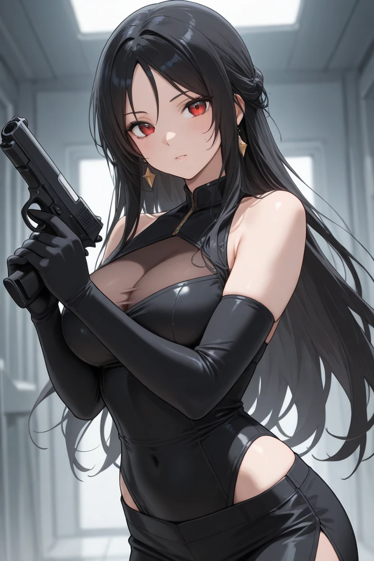 4K resolution,((Highest quality)),Ultra-high resolution,Adult women, alone, sexy, (Stern face), (Red eyes), Beautiful and symmetrical face, (Black irregular long hair), Black coat,Black suit pants,A mercenary woman,Realistic:1.4,Realistic:1.4,night,(masterpiece:1.2),Perfect Eyes,Perfect Eyes,Ample breasts,Holding a gun,In a dark warehouse,Curvy Body,Perfect Legs