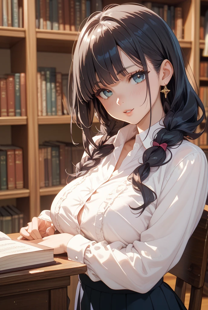 (((masterpiece、Highest image quality、highest quality、highly detailed unity 8kwallpaper)))、((Illustration of one girl、upper body))、(((beautiful girl)))、(librarian)、((blue hair、freckles))、(stocky build, thickset physique:1.3, broad shoulders, solid chest)、big breasts、librarian服、great medieval library