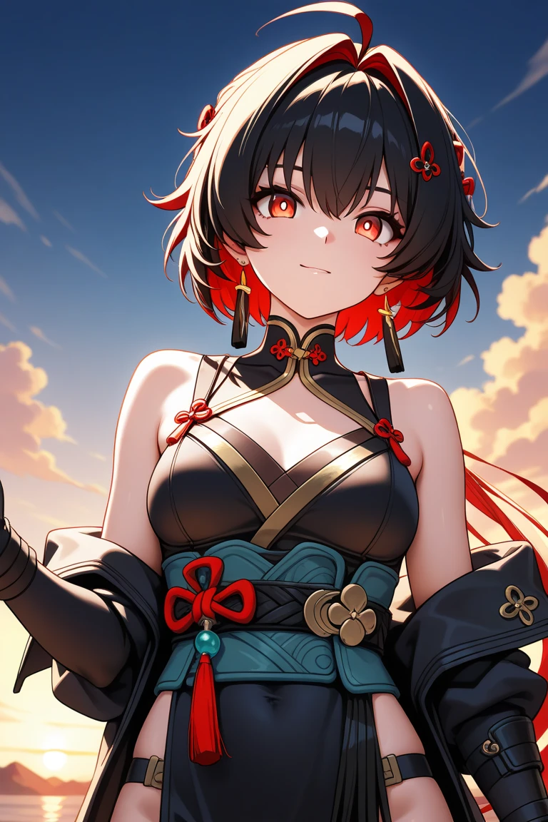  yor briar, anime style beutiful woman, 1girl, happy, smile, with sparkling eyes and a contagious smile:1.1),looking at viewer,red face, closed mouth, beautiful detailed eyes, super detailed skin, backlighting,  shoulders, black background, black dress, black gloves, black hair, , dress, earrings, fingerless gloves, floating hair, floral print, flower, gloves, gold earrings, gold hairband, hair flower, hair ornament, hairband, holding, holding weapon, jewelry, , long hair, looking at viewer, off-shoulder  shoulder,red eyes, short hair with long locks, sidelocks, solo, spikes, thighs, two-sided dress, two-sided fabric, weapon, fighting stance , face, close up, from above, highest quality, high resolution. 