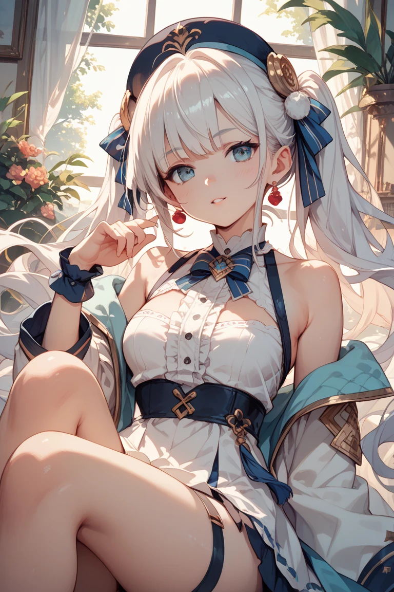 （Enrich the picture，Masterpiece level quality）Beautiful 8K CG artwork，Goddess-like posture，Kneeling exercise，Slim and soft，Translucent skin，White hair、The beauty of extra-long hair, Super Long Straight Hair，The skin is fair and juicy，Big breasts erotic uniform，Perspective Part 1.2x enhanced silhouette effect，Exquisite transparent blues pattern in pajamas，The details are intricate and exquisite，The background is slightly blurred，Charming and lustful leg seduction，Drool，Extra-large big breasts，Blush，Japan goddess，Perfect body slim curves，