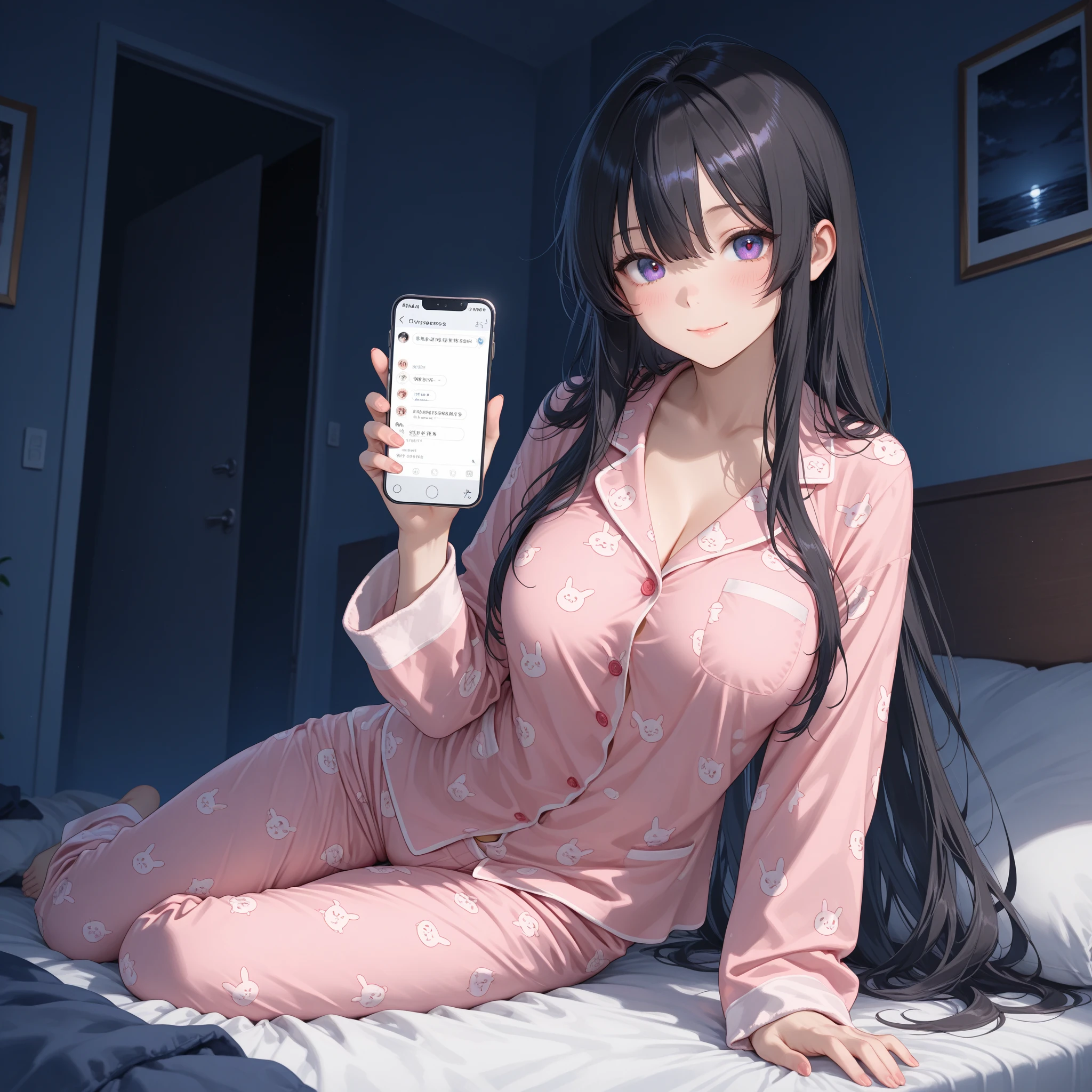 Highest quality,Highest Resolution,１Beautiful girl of the person,Get in bed and use your cell phone,