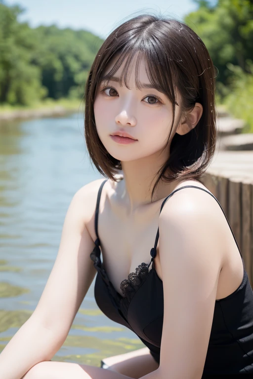 cherry blossom in full bloom, cherry blossom trees, 20-year-old woman, short hair, posing to show the valley in her chest, cherry blossom bra, cherry blossom swimsuit, afternoon break, smile and ultra-high resolution , top quality , photo , 4K , (realistic: 1.4), woman with wreaths on
