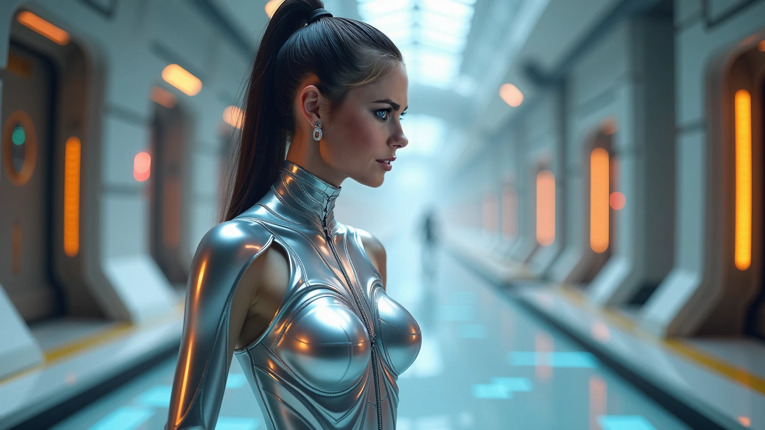 A cinematic photograph, realistic skin, highly detailed, inspiring, vibrant lighting, the angle is dramatic. The posture and the mysterious, ultra-realistic environment. In a futuristic, dystopian, cyberpunk temple, a beautiful young woman meditates, she is only clothed in the mist and energetic particles generated by her own meditation.
