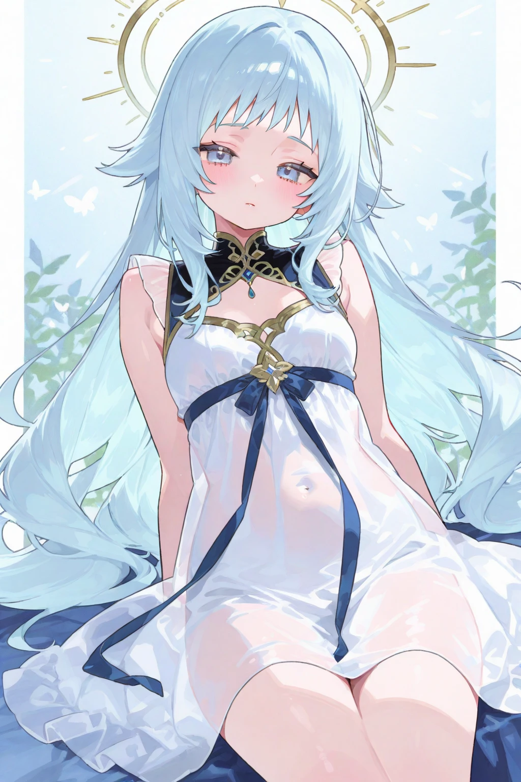 ((No bra, no panties, sheer white one-piece dress with blue roses))Yellow Hair,Yellow Eyes,Carly,Adorable,White high heels on her feet,whole body,Fingers and arms are not exposed,Yellow rose flower field in background,Blue sky and white clouds,,Happy expression,High quality light and shadow,Artistic Sense((Hair Bun))(Very long hair))((Blunt bangs))((Bitch))((tsurime))((Big eyes))((Skinny body))((expensive))(Pale skin))((Botanical Prints))((infant))((Showing nipples under shirt))(Pale skin))((Botanical Prints))((infant))((nsfw))((((5 years old)))(((infant)))((Lolita)(((naked)))