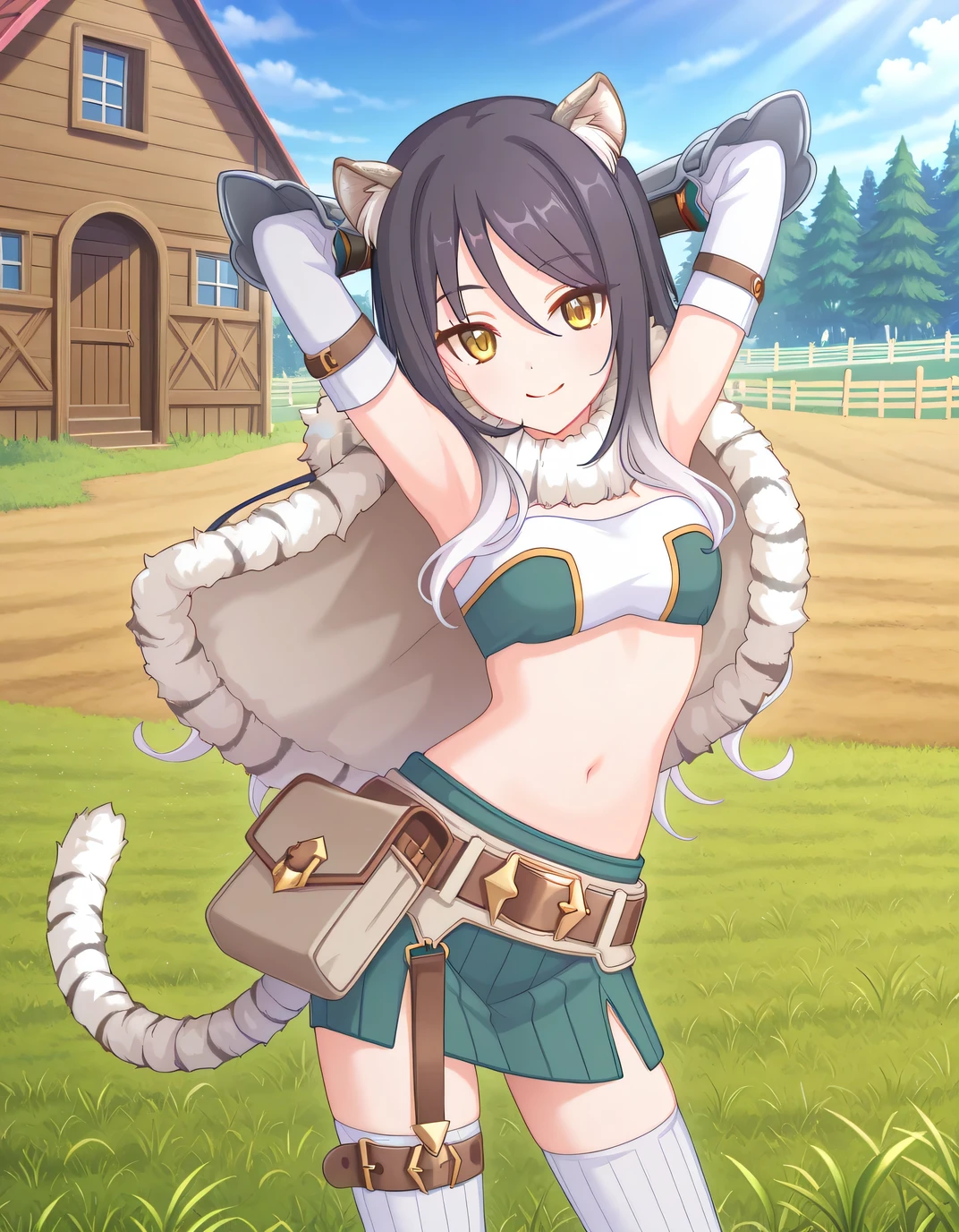 pcrshio, animal ears, animal ear fluff, black hair, gradient hair, yellow eyes, tiger tail, striped tail, pshiodef, fur-trimmed capelet, bare shoulders, two-tone bandeau, midriff, brown belt, green skirt, pleated skirt, pencil skirt, miniskirt, elbow gloves, vambraces, white thighhighs, thigh belt, anime screencap, high quality, solo, sunsetting, farm, grass, hands behind head, ((contrapposto)), closed mouth, cowboy shot, looking at viewer, smile, best quality