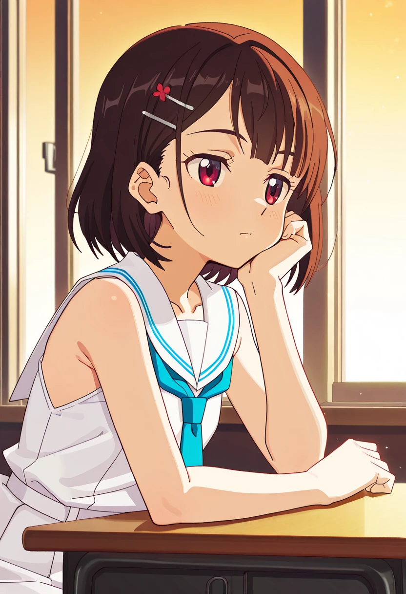 One Girl, alone, whole body, In-person audience, View your audience, smile, I401KC, Brown Hair, Short ponytail, White shirt, Sleeveless,One piece swimsuit, Bare arms, Sleeveless shirt, headgear, School Swimsuit, Sunburn, Sunburnlines, Wear a swimsuit under your clothes, Sailor shirt, Orange sailor collar