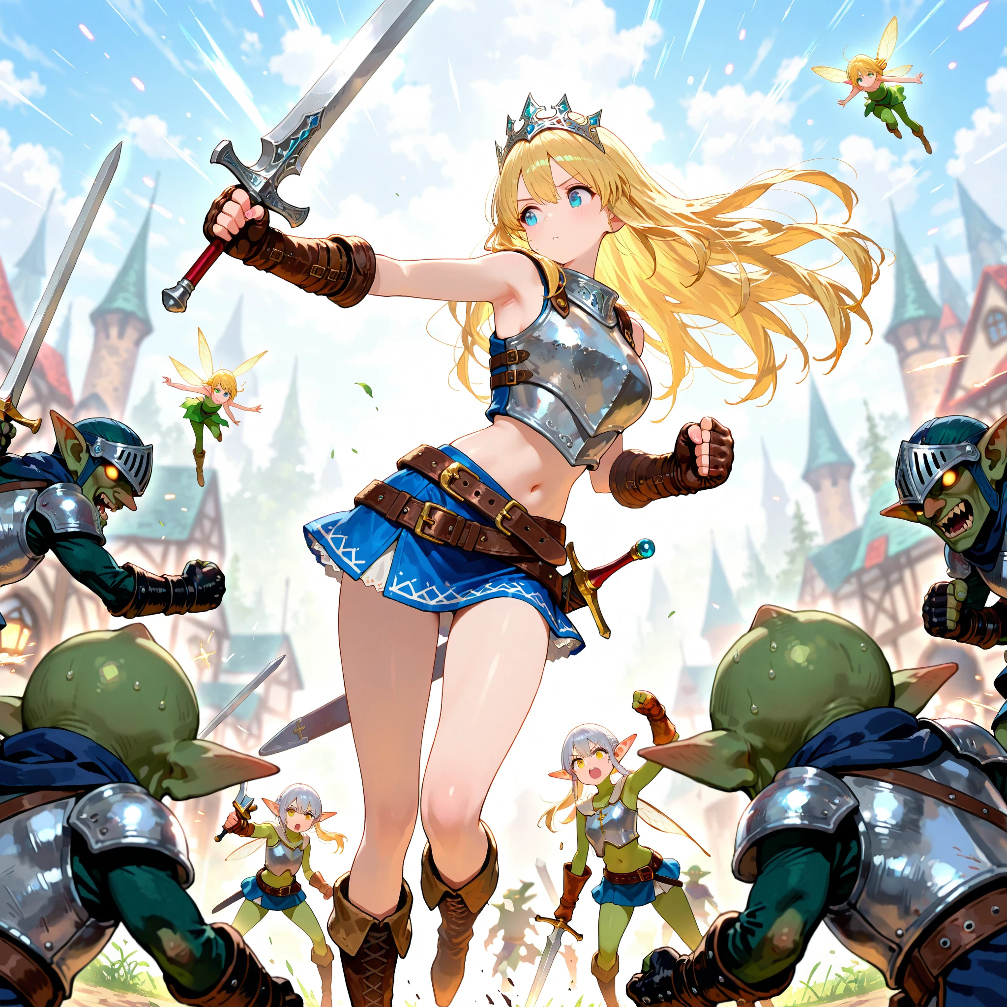 1 girl,fantasy,8K,high quality, Texture Skins,magic,fight,Raise your sword,backSwarm of goblins,Golden hair,Slash,Girl with a sword





