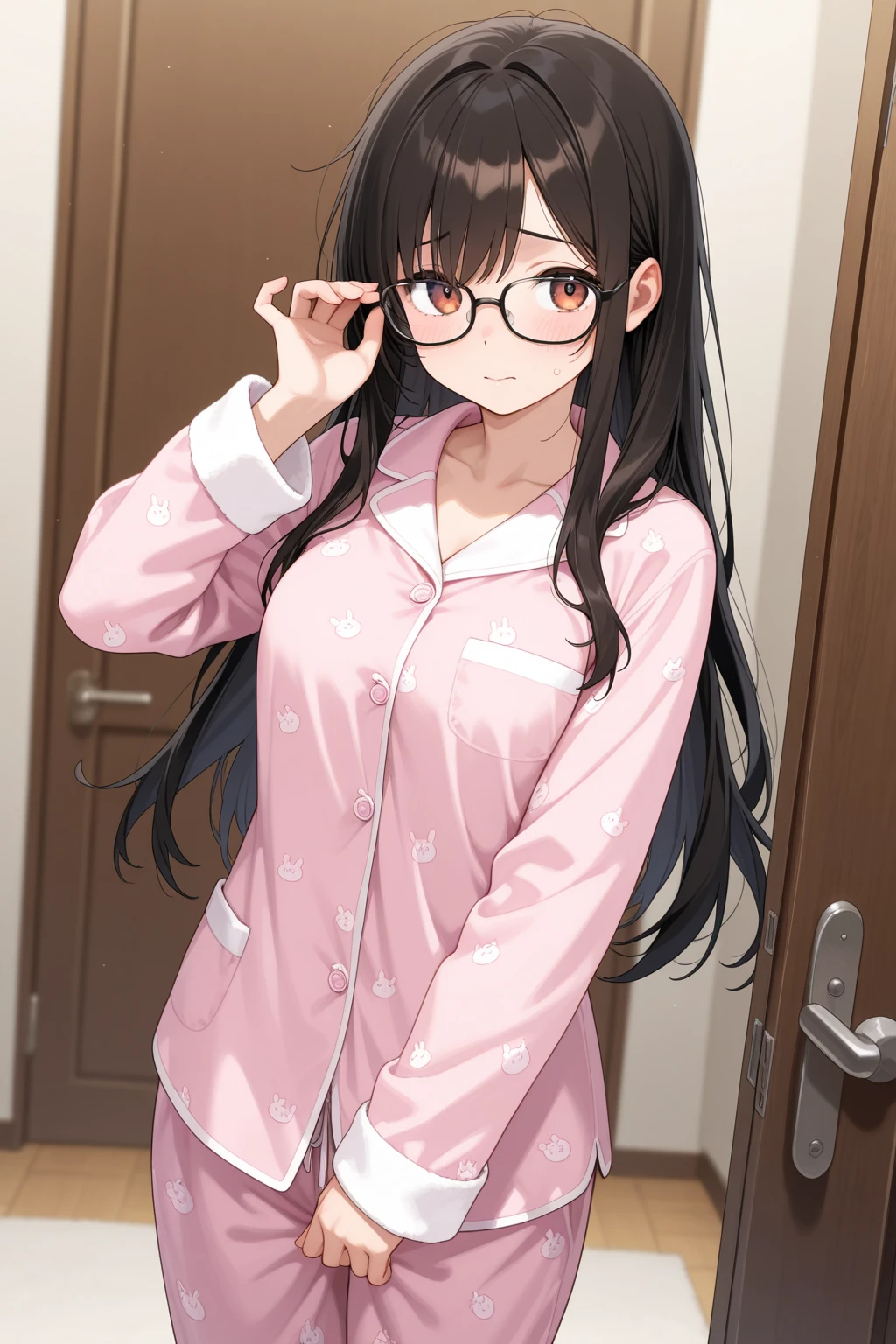 1 girl, medium construction, (((completely alone))), ((round glasses)), long brown hair, blunt bangs, Brown eyes, (((perverted smile: 1.2))), sexy look, modern, (((contemporary))), room background, panties, pajamas, (((very embarrassed))), (Pov), (vibrator:1.4), orgasm