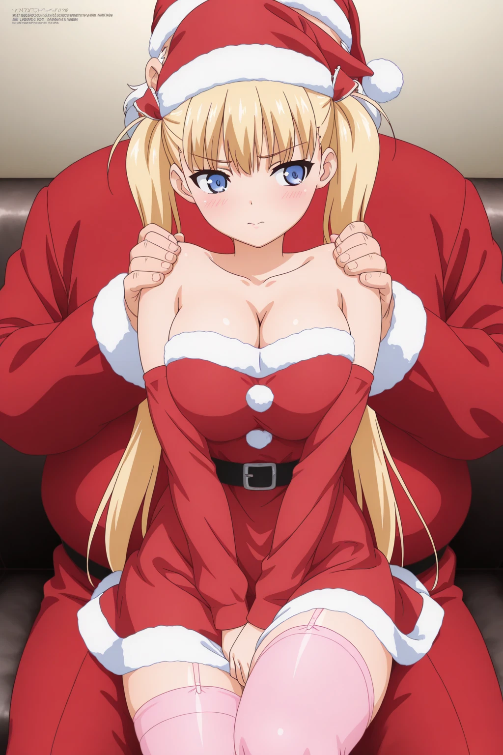 (nsfw:1.2),(masterpiece,best quality,detailed,8k,hires:1.3),living room,Xmas,Xmas tree,1girl,russian 18 yo,glamorous,goddes,detailed beautiful skin,glossy skin,shining skin,detailed face,young face,ahegao,blush,blonde,long hair,bangs,braid,detailed eyes,shining eyes,blue eyes,droopy eyes,eye bags,detailed nose,(gigantic boobs,huge breasts:1.3),cleavage,detailed costume,santa claus costume,red mini skirt,red cap,sit,on back,spread legs,open uterus,creampie,cum over flow,