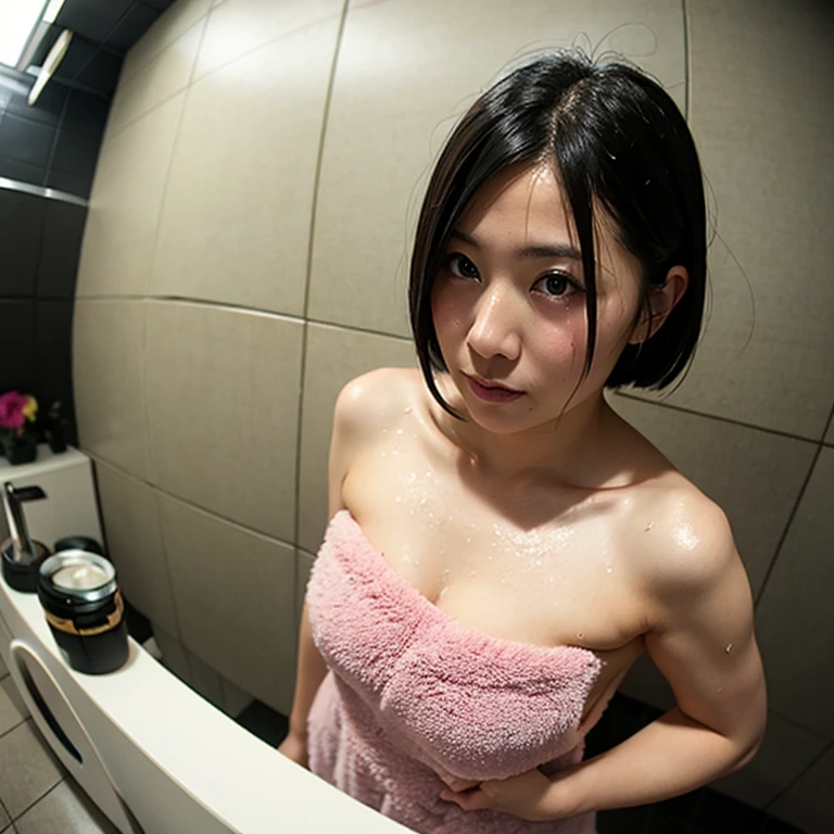 ((Highest quality)), (detailed), 1 Japan, I take a shower、sexy, Bathroom、Hotel、Beautiful breasts、 bright areola、Black Bob、Beautiful Skin, Double eyelids, blush, (smile:0.8), (embarrassed:1.4), realistic