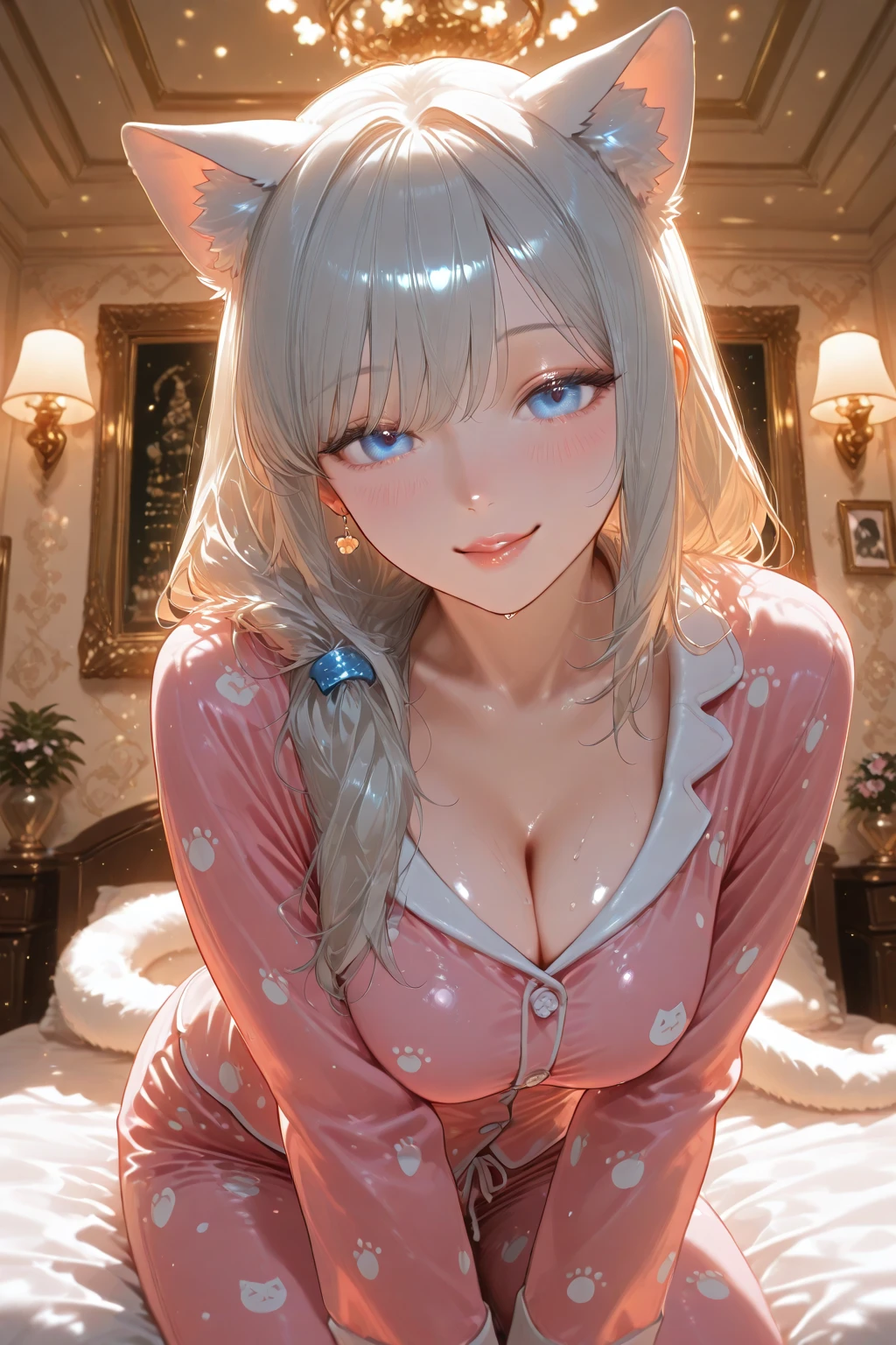 35 year old woman blonde hair with pink tips , cat ears , yellow eyes like amber, tanned brown skin, Dark skin, flirtatious smile, big breasts, big breasts sostén y bragas rosadas , sexy , breasts in front of the camera in close-up. bear ears , straight hair, background a luxurious bed. sweat, sweaty body.