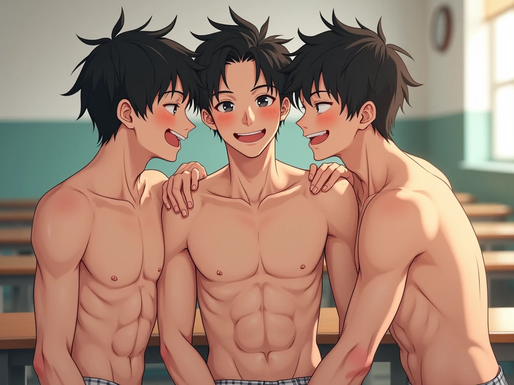 Hot guys with black hair, shirtless, brown eyes, wearing tight shorts, 25 years old guys