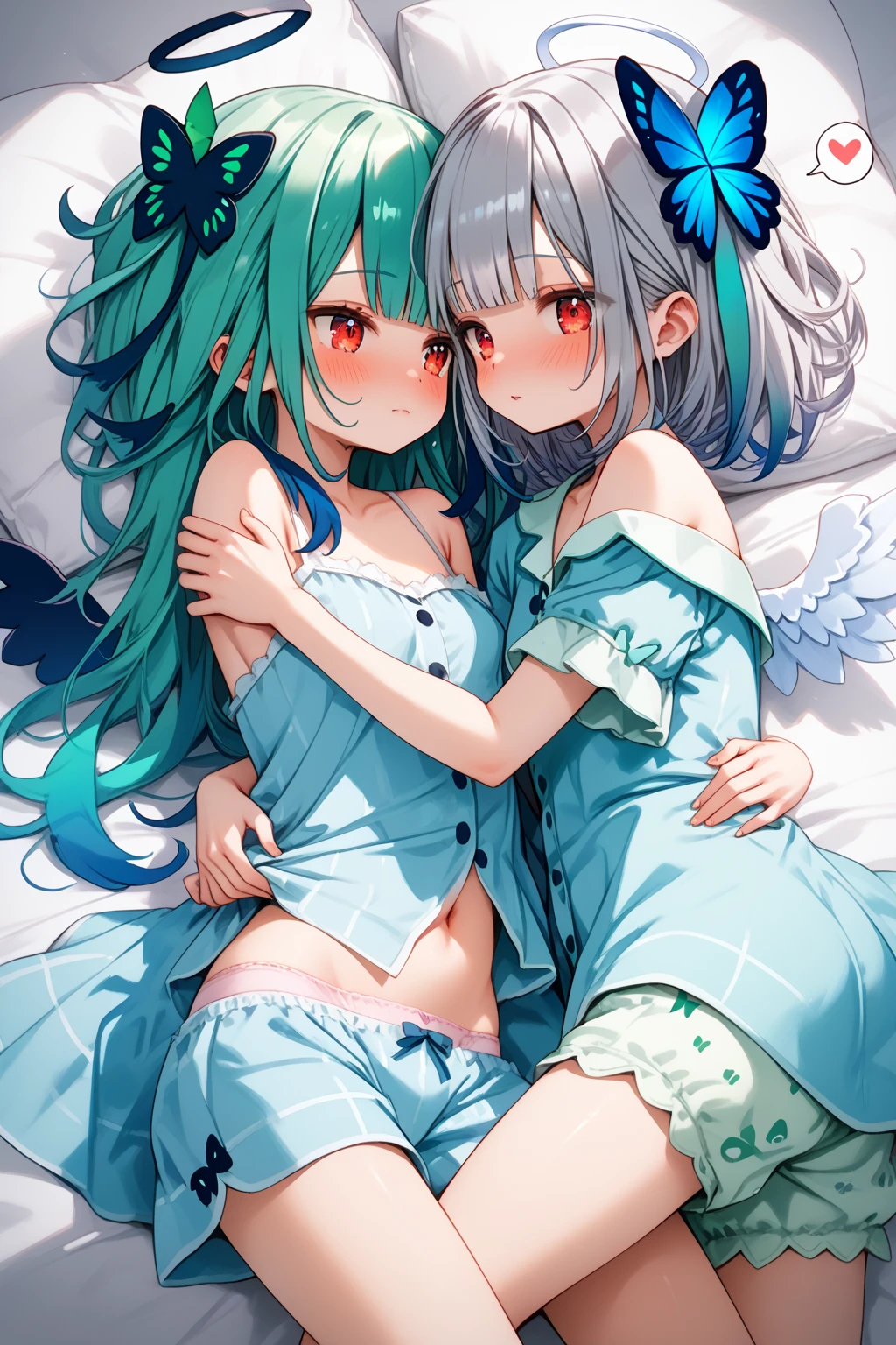 nsfw,Two Girls,Lying down,((Lift both legs yourself)),panties,Have sex,Light blue hair,Light pink hairstyles，Cat ear，Pink Eyes，light blue lolita，White socks，,Pink ribbon,Laughing with your mouth open,Best image quality,Highest quality
