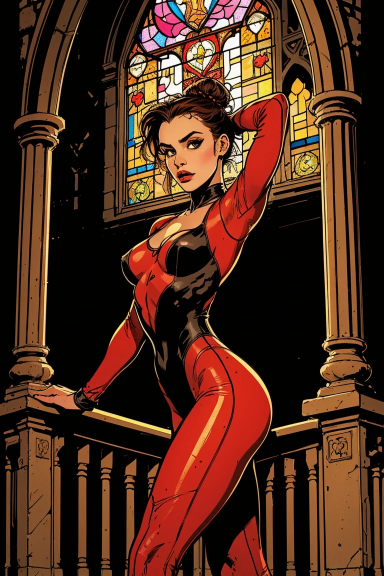 A comic style, line art illustration of Marvel's Black Widow in a long evening dress, beautiful yet deadly, with a long cut on the leg, on a special mission during an evening event, detailed, high quality, photorealistic, dynamic pose, dramatic lighting, vivid colors, cinematic composition