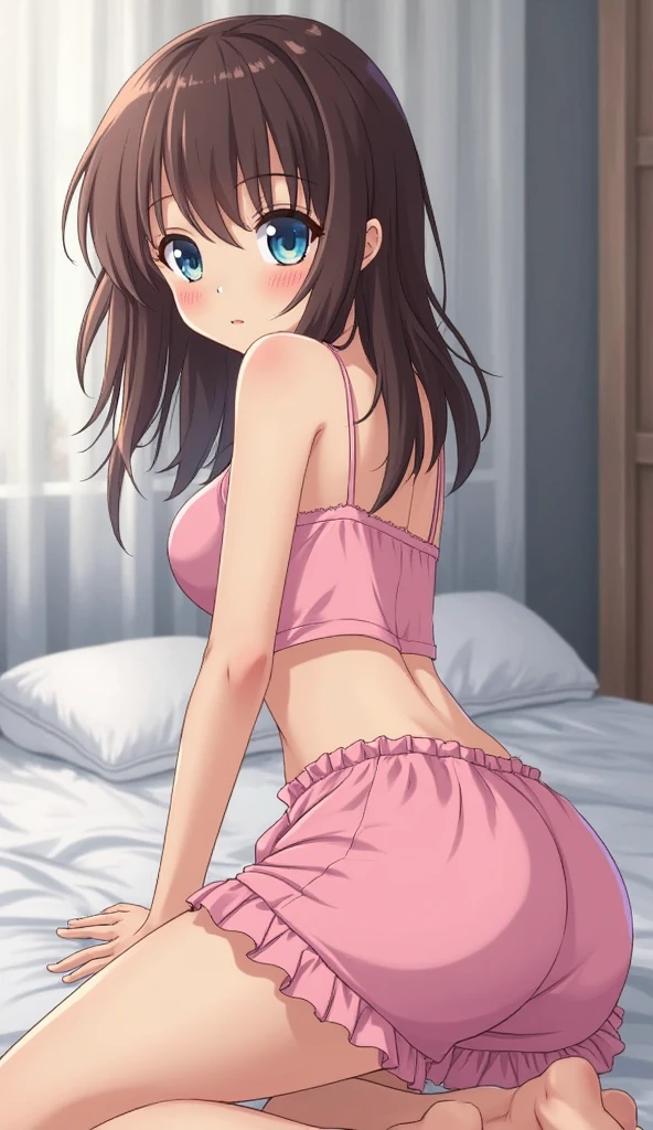 night,Changing clothes on the hospital couch,White pajamas,In the process of removing panties,Photoreal 1;4,shoulder length brown hair,{high quality pink bra}},Reverse Shot1;4, {{beautiful medium size breasts 1:4}}, torn shirt, high quality panties,{{schoolgirl}},top quality,cute girl,high quality background, slanted eyes, detailed shirt chest wrinkles,BREAK, {{beautiful blue eye1:4}}, BREAK, five fingers