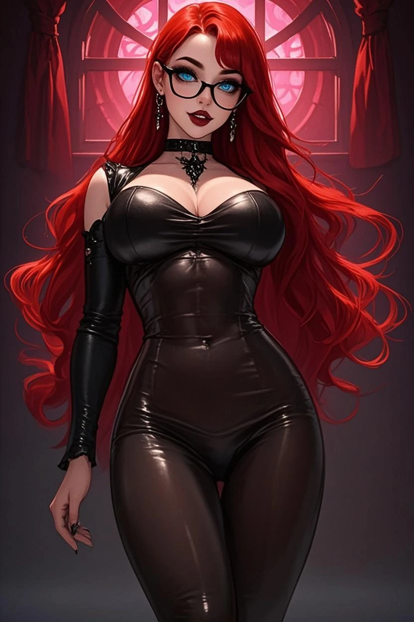 masterpiece, best quality, never saint, mature female, 1girl, solo, long hair, breasts, looking at viewer, blue eyes, crimson hair, dress, cleavage, bare shoulders, collarbone, thighs, nail polish, huge breasts, sweater, lips, strapless, makeup, lipstick, strapless dress, sweater dress, vampire, emo, goth