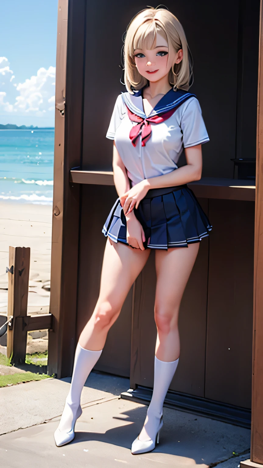 top-quality、softlight、(depth of fields)、超A high resolution、(Photorealsitic:1.4)、Raw photography、(portlate:1.4)、(from the front side)
1日本人の女の子, 独奏, cute little, (full of shyness, A smile:1.1), (Brown-eyed), Detailed beautiful face,High School Uniform、a sailor suit、hi-school girl、a miniskirt、White pants are visible、Whole human body、mare、the beach、Short black hair、Wet body、Spread your legs apart、look from down、There is a village frame pure