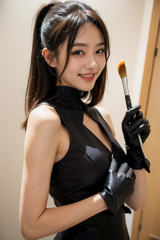 Best quality, realistic, award-winning illustration, (complicated detail: 1.2), (fine detail), (complicated detail), (cinematic lights, best quality), sharp lines, sharp focus, official art, 16k, on a white background, (A woman with a smiling face: 1.3), a playful young boss, there is a woman with short medium hair, (black hair: 1.3), smiling look, about 35 years, (38 years), woman of 35 years, (short hair: 1.3), (face with fine details: 1.2), (aged face details: 1.2), (beautiful: 1.3), (normal body without muscles: 1.3) (without muscles: 1.3), pronounced feminine feature, flirting with the camera. wearing black apron uniform with orange, wearing cap, black cap and orange details, wearing jeans, woman posing for a photo, holding a huge can of creamy dulce de leche, dulce de leche pouring, splash dulce de leche, explosion dulce de leche, all-white background, headshot profile picture, posing for a photo.