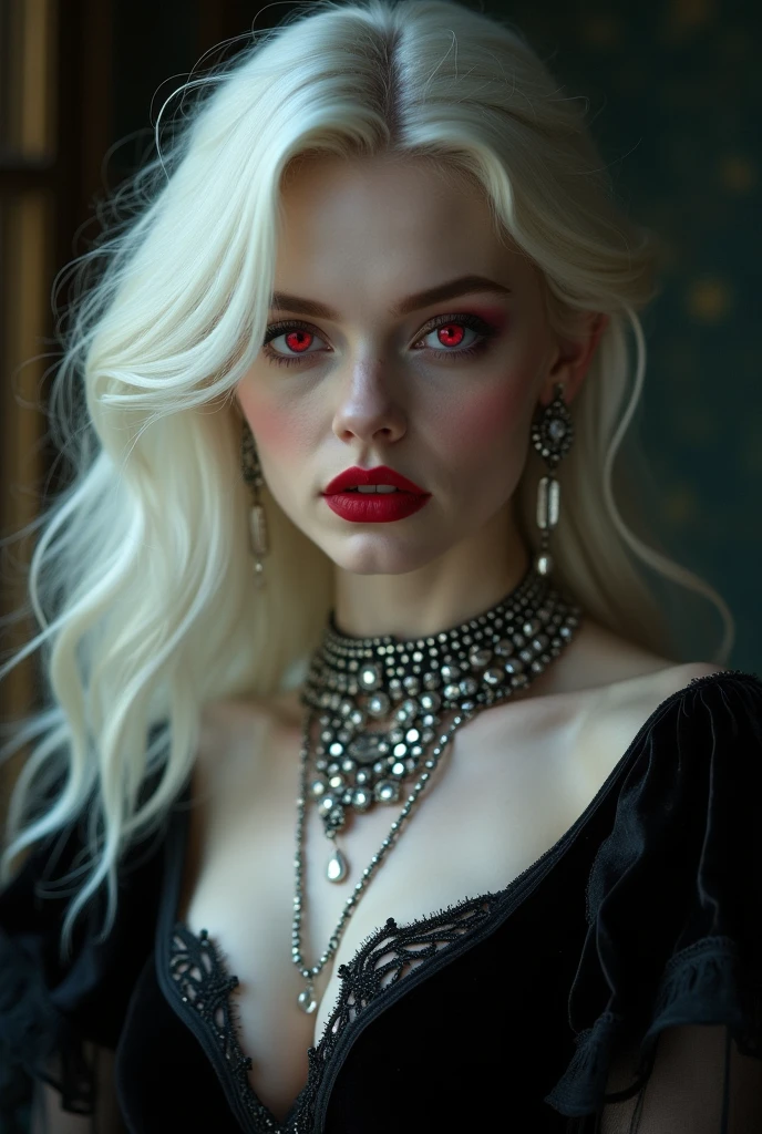 gothic vampire girl, curvilinear,White skin,silver hair,crimson red eyes, Red lips,Elegant, refined, seductive red and black clothing ,special detailed ultra realistic volumetric defined,8K high resolution