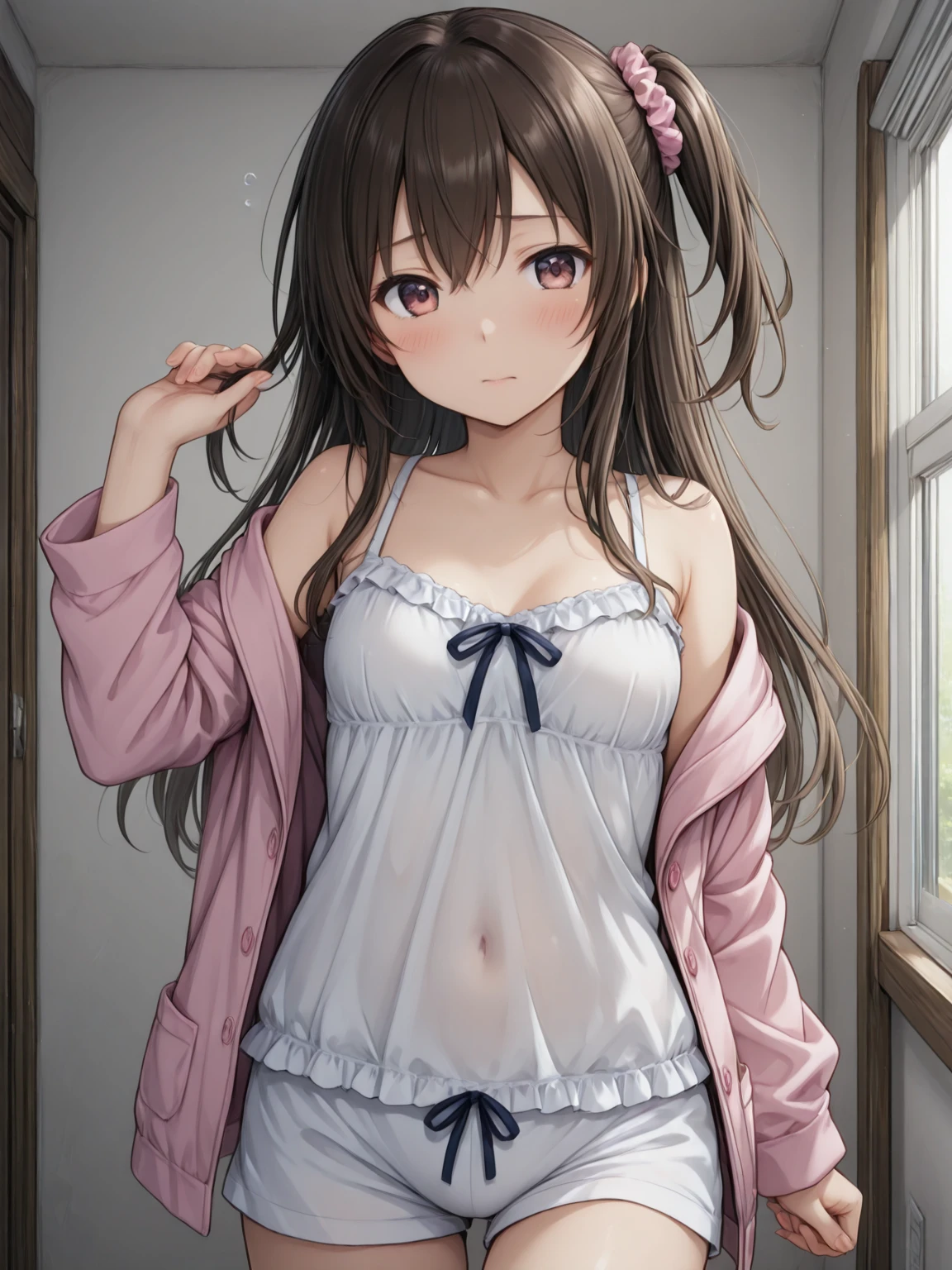 girl, cute, brown hair, twin tails, junior high school student, blush, small breasts, , pussy, tits, sperm