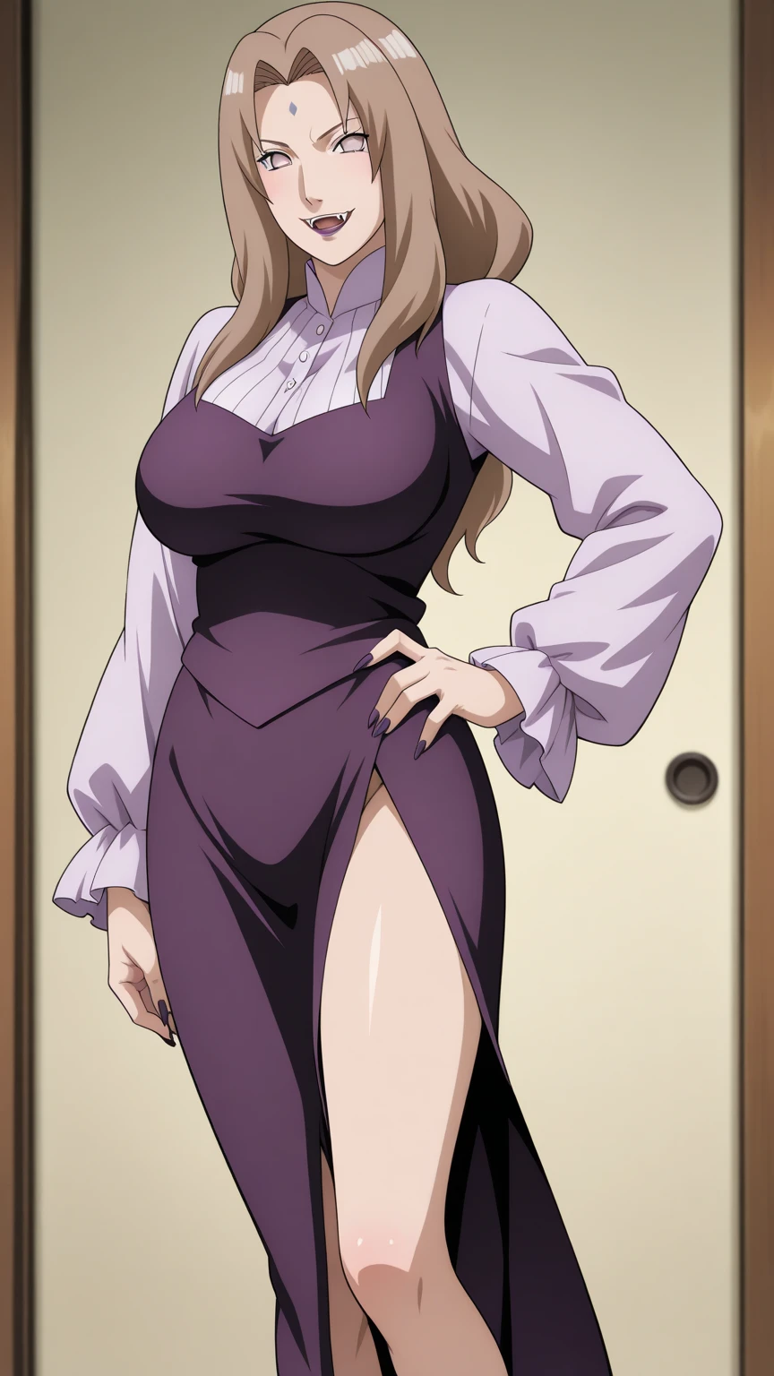 (Kabedon POV : 1), ((black tight maxi dress sexy dress strapless dress)), mature woman, 25 yo, Mei Terumi, anime cels style, best quality, high resolution, 1girl, (large breasts:1.2), beautiful face, long hair, brown hair, green eyes, ((hair over one eye)), lipstick, cowboy shot, light smile, huge breast huge pelvis thick thighs,((full body portrait)),
