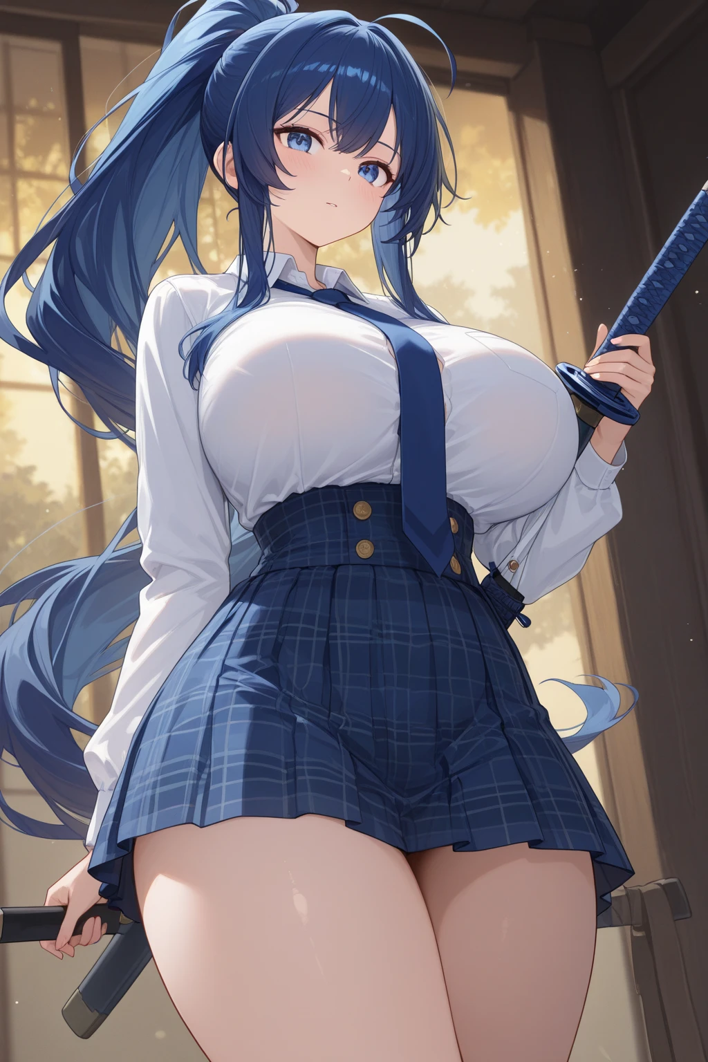 Score 9, Score 8 up, Score 7 up, The rating is questionable,
Detailed Background, Shiny skin,Reika Aoki,
Reika Aoki, straight long blue hair, blunt bangs, blue eyes, nanairogaoka middle , blue necktie, long sleeves, blue top,nsfw,panties,lift up skirt,,large breasts,whole body,thin,embarrassed,daytime,in the classroom,anime style,high quality,masterpiece,highly detailed