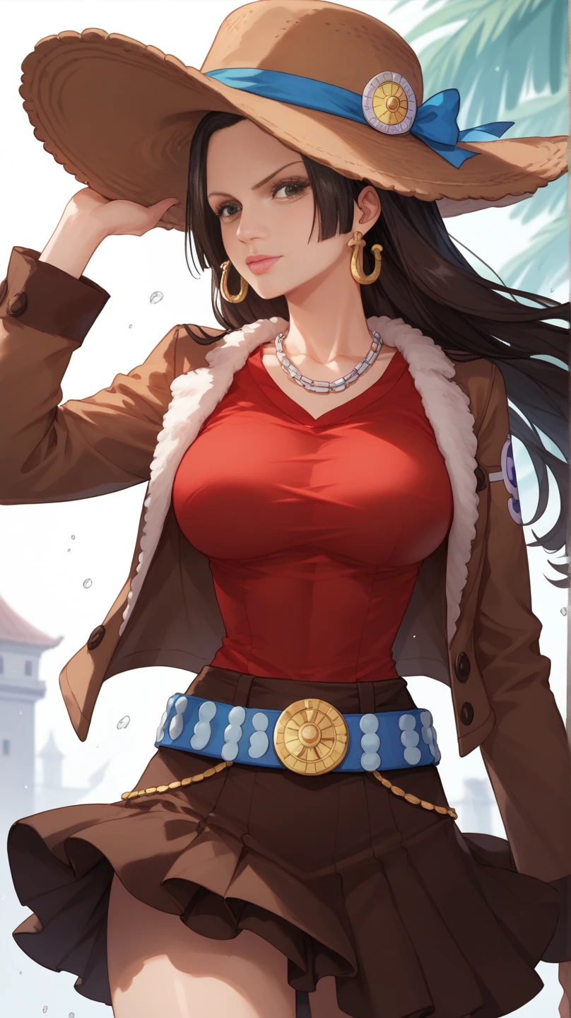 masterpiece, best quality, <lora:h_madoka_boa_hancock:0.9>, hancock1, 1girl, boa hancock, smile, long hair, black hair, blue eyes, earrings, large breasts, cleavage, long hair, epaulettes, cape, crop top, long sleeves, side slit, outdoors, scenic view, upper body, portrait, looking at viewer