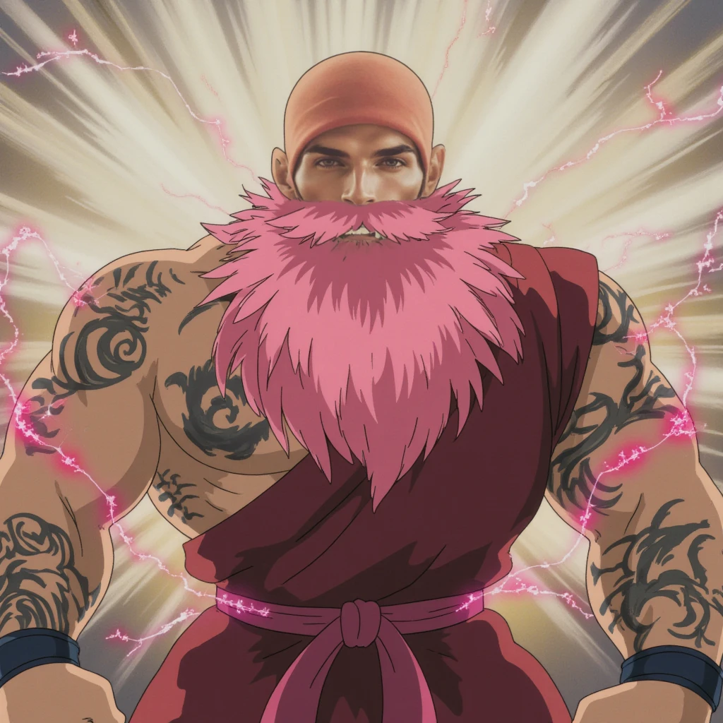 purple hair, muscular male, bear, smile, pants, flipflops,, martial art, walking