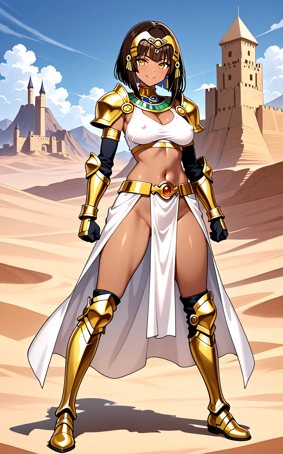 ((BLACK BACKGROUND,1:2, masterpiece)), full body MILF BIMBO standing with two long thighs and two high heels, red eyes, silver white hair, short bob style hair, big breasts, cleavage, separate sleeves, tiara royal, long cape up to two feet, yellow bikini, hands on waist, navel, lustful smirking smiling, smile face (red blushed, red cheeks), metal shoulders, gold sleeveless armbands, black leather choker slave collar, shackle bracelets, sex slave red crest, full body MILF BIMBO standing with two long thighs and two metal sandals, red eyes, silver white hair, short bob style hair, big breasts, cleavage, separate sleeves, tiara royal, long cape up to two feet, yellow bikini, hands on waist, navel, lustful smirking smiling, smile face (red blushed, red cheeks), metal shoulders, gold sleeveless armbands, black leather choker slave collar, shackle bracelets, sex slave red crest, pauldrons, breastplate, corset, eye focus, full body, whole body. 1solo . slave fighter, loincloth standing, hands on hips, metal sandals, backpack, choker, big belt, view from below, feet together, bracers, tiara) yellow eyes (Pirotess (Record of Lodoss War) LORA) (dark elf dark skin)