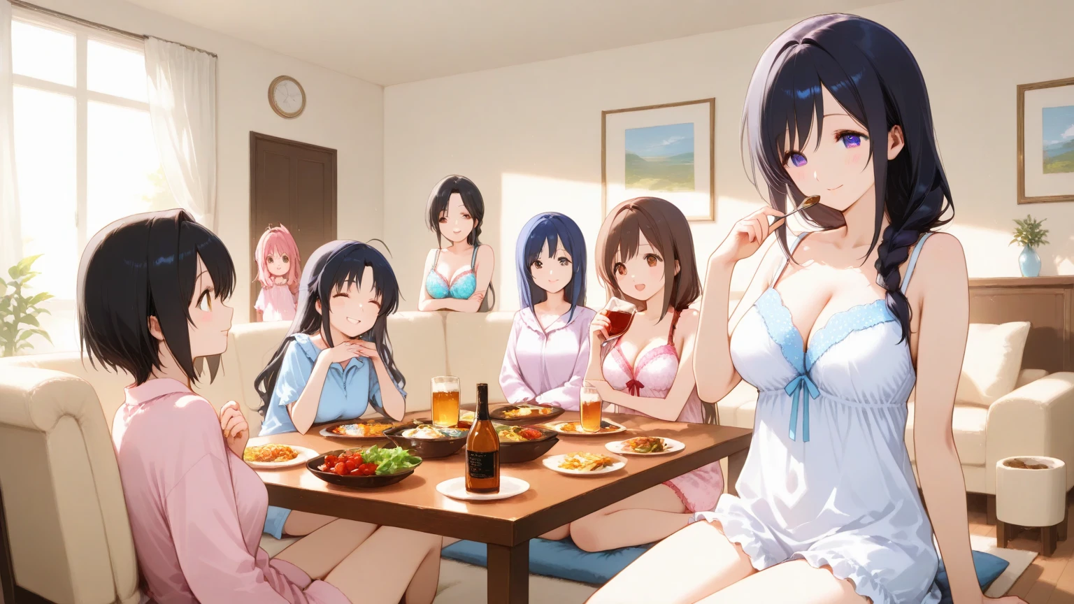masterpiece、top-quality、detaile、high resolution、extremely delicate and beautiful、Huge breasts、Smile、multiple female、5 women、4 females、Wet nurse uniform、pareo、sea side、See through lingerie(It consists of light blue and golden tint)、A sexy woman, at Night moonshine Beautifull face,