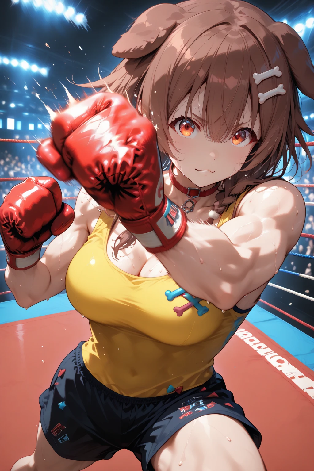 Short cropped brown hair,Female Boxers,((Red Boxing Gloves)),((Black Sports Bra)),well-muscled,abdominals,Large woman,Closing one eye,Boxing matches,Hollow eyes,Rough breathing,Sweat and saliva all over the body,steam,amazed,Swing punch