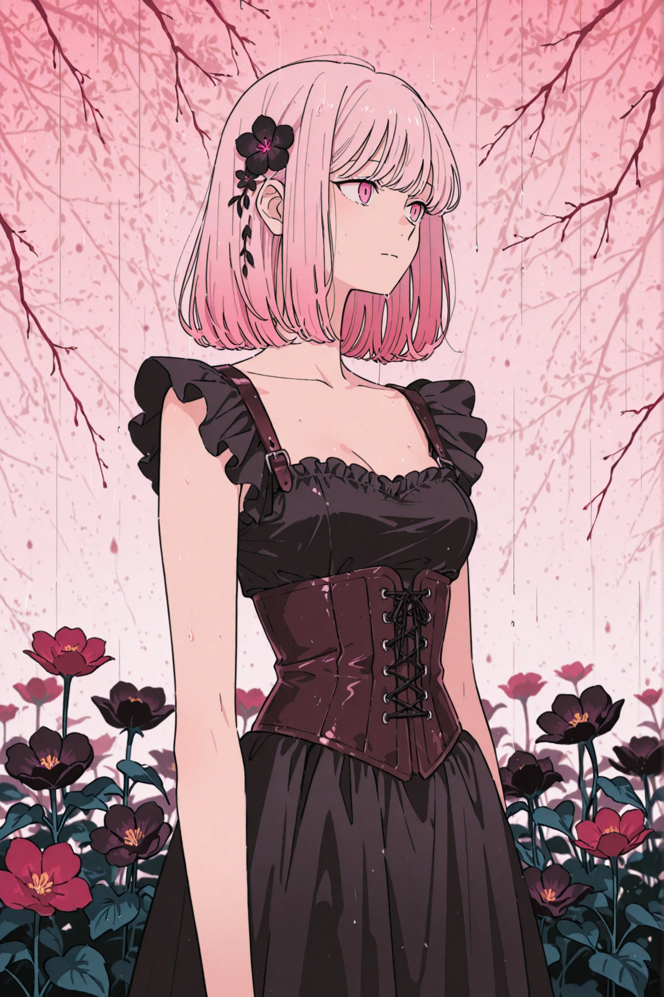 Anime style image of a tall woman with light skin, medium light pink hair, hazy light pink eyes, distant gaze, blank expression, medium chest, wearing a sleeveless frilly black dress, a leather corset, and a dark red and black flower on her hair, rainy background