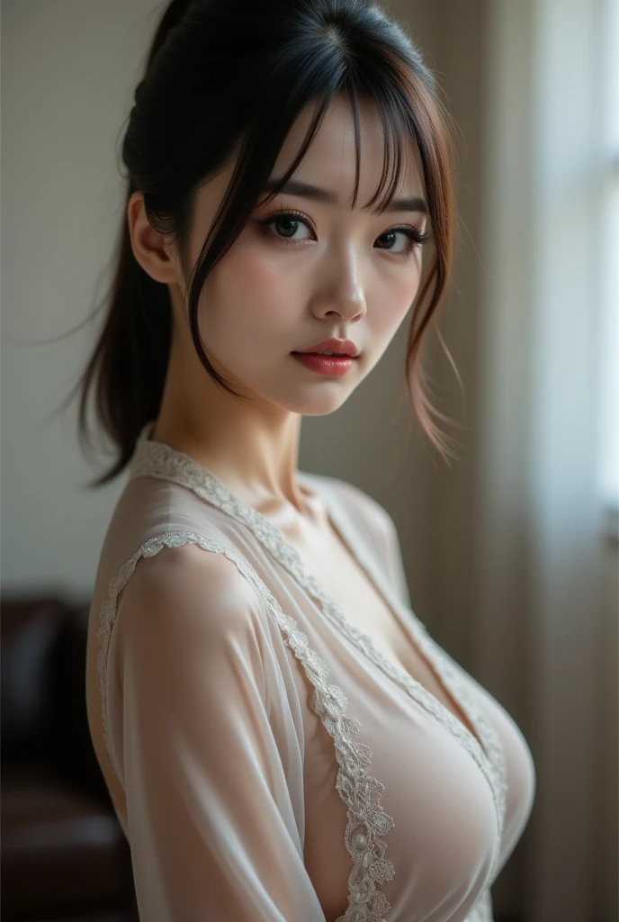 8K quality、High resolution、Realistic skin texture、High resolutionの瞳、woman、A grey yukata with the shoulders open、One-shoulder yukata、Princess Hair、thin、リアルなwoman性器、Small breasts、Realistic tongue、Gray Hair、thin脚、Wet body、Reader model、Slender model figure、Bold Pose、Shooting from below