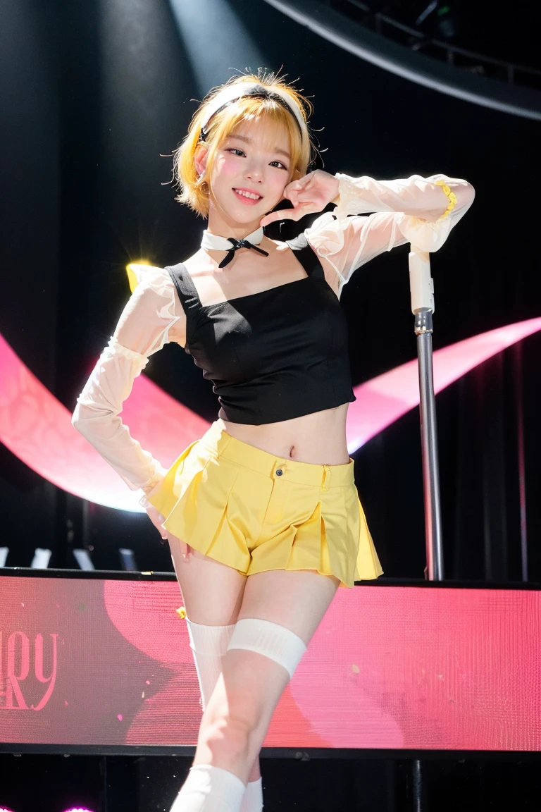 Colorful photograph, Uplifting, ((masterpiece, best quality, absurdres, 8K, super fine illustration, detailed eyes, beautiful face, light smile, shiny skin)), 1 young girl, Colorful top Idol, Smile full of happiness, whole body, good style, ((Idol costumes with 5 or more colors;1.5)), ((Idol costumes with lots of frills)), very cute idol costumes, colorful balloons, Many large and small soap bubbles, (Dancing dynamically;1.2), (kicking one leg high;1.2), ((Dancing on a gorgeous outdoor stage;1.4)), very luxurious stage, amazing gorgeous stage, ((extremely detailed Fluttery micro mini skirt, extremely detailed colorful skirt. micro mini Skirt very fluttering in the wind;1.4)), (((skirt is flipped up by the wind;1.5)))