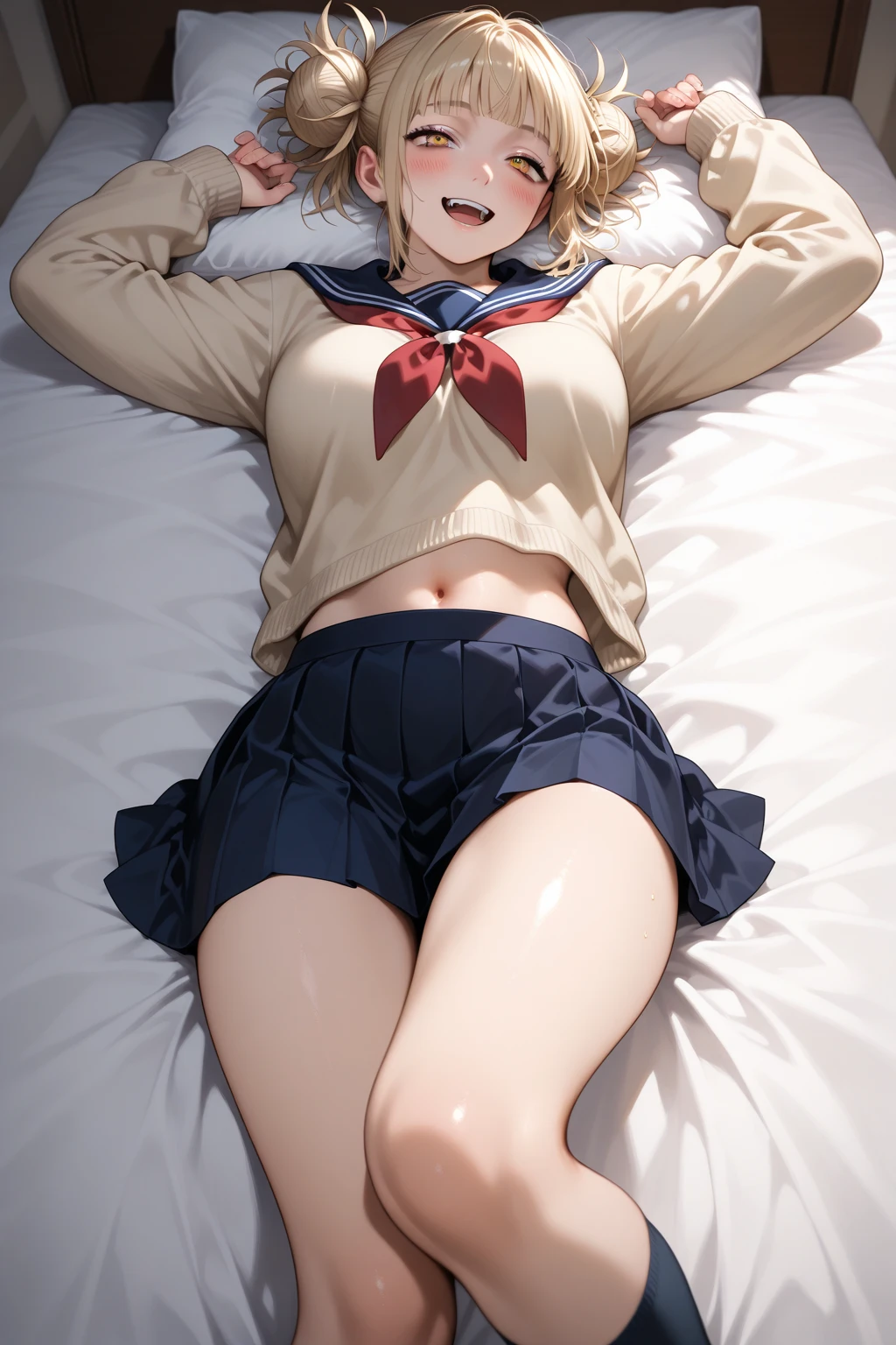 NSFW (masterpiece, Highest quality), Blonde Short Hair, (Schoolgirl uniform, Pleated mini skirt), Put the VR goggles on your eyes, Open your mouth, Hold two VR controllers in your hands, Sitting on the floor, Raise your knees, Put your knees on your chest, Spread leg pose, (White cotton panties), Camel Toe, In her room, Barefoot, barefoot, ((Show your crotch, Showing panties)),