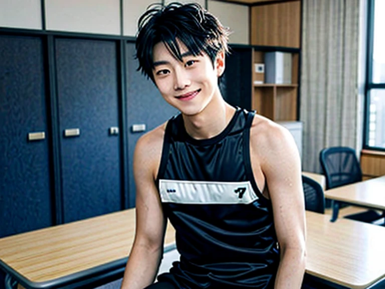 Japanese men、15 years old、Well-developed muscles and smooth skin、Fluffy, voluminous green hair、Boxer briefs、You can see the whole body from head to toe、Smiling softly、Hero Academy