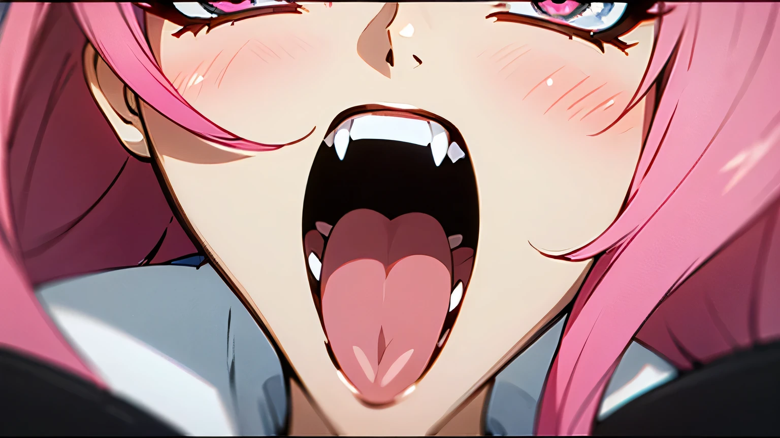 best quality, 8k, 32k, masterpiece, UHD:1.2), highres, (((sharp focus))), ((beautiful detailed teeth)), ((beautiful detailed gum)), delicate details, (cartoon wolf girl with her teeth and gum showing) , 1girl, solo, pov, no background, ((teeth close up)), ((looking at viewer)), head up, not wearing headgear, ((smile)), (gum), ((big teeth)), (lighting in the mouth), drooly, realistic mouth, realistic teeth, perfect teeth, perfect tongue, realistic tongue, (( realistic uvula)), ((big uvula)), no tongue out, saliva, ((shining teeth)), (lips), big tongue, pink hair