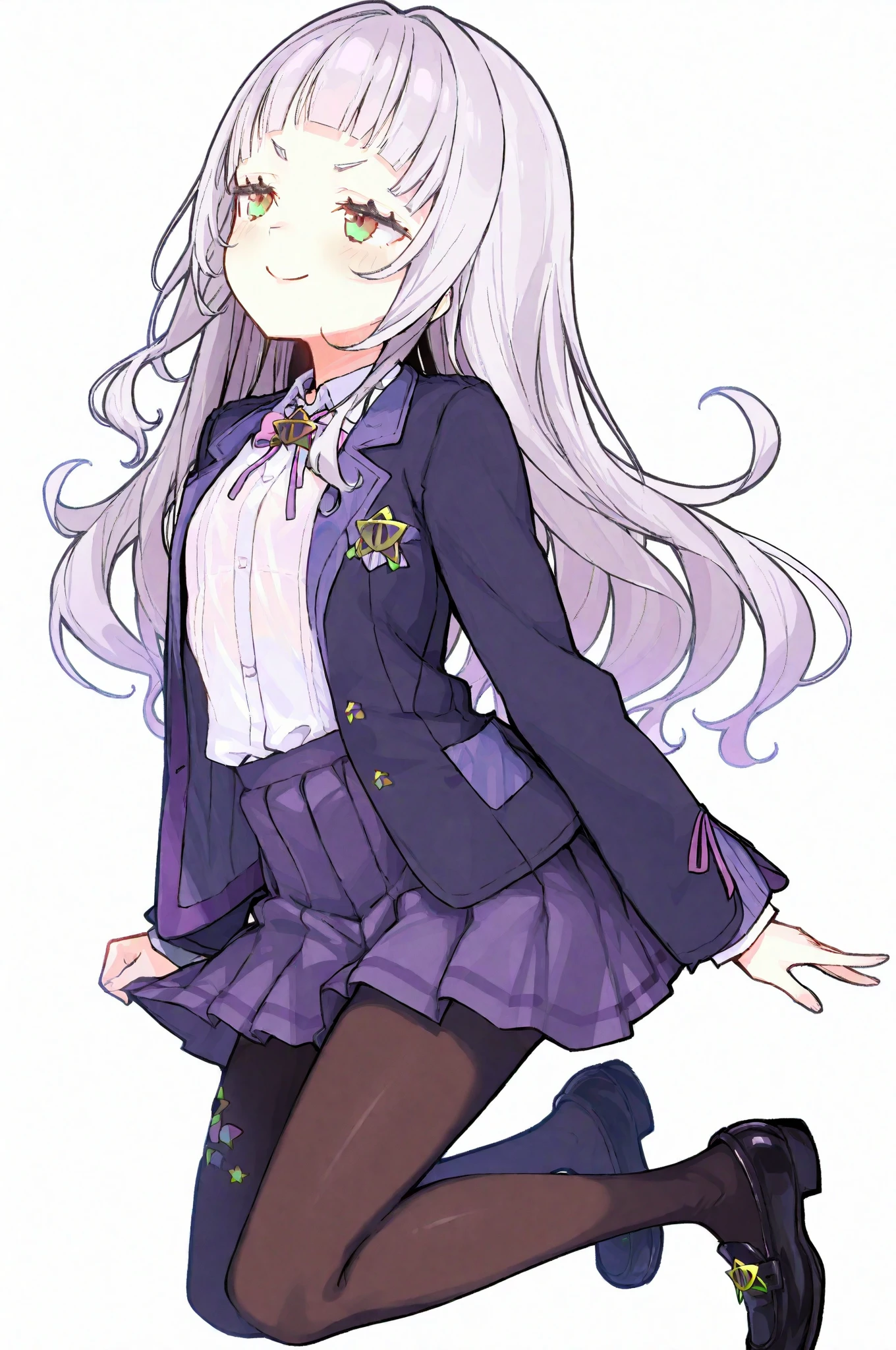 <lora:_XL_PStyles:1> _XL_PStyles, 1girl, petite , big breast , iridescence eyes, dark silver hair, long hair , french braid, drill hair , hair over one eye, hair flaps , Chuckling, blush , head_tilt standing , bare legs soles focus, school uniform , navy vest , pantyhose, school bag, extremely quality extremely detailed, illustration, contrapposto, cute anime face cinematic lighting cinematic angle