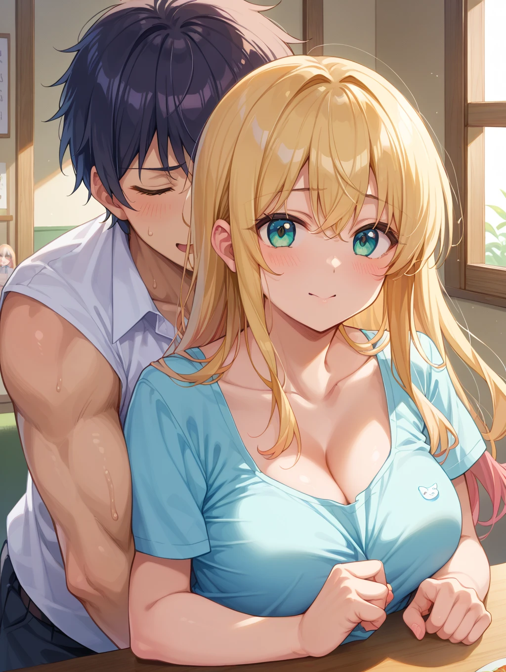 (masterpiece,best quality:1.3),(ultra-detailed,high resolution:1.2),(illustration),((an extremely delicate and beautiful)),(detailed background),((1girl,tall stature)and(1shota boy,short stature)),hetero,(1girl,tall stature:1.4),(curvy:1.4),(long hair, french braid),straight hair, (blonde hair), light blue eyes, (large breasts), pale skin,shiny skin, (rolling eyes:1.4),(ahegao),(trembling),((She wears Cinderella costume)), cum in pussy,(cum on clothes:1.4), cum on body,cum in mouth,cum on hair,excessive cum, (1shota boy,short stature:1.4),smug,large penis, ((vaginal,sex)),(upright straddle,couple,face-to-face,kiss),(wrestling ring),
