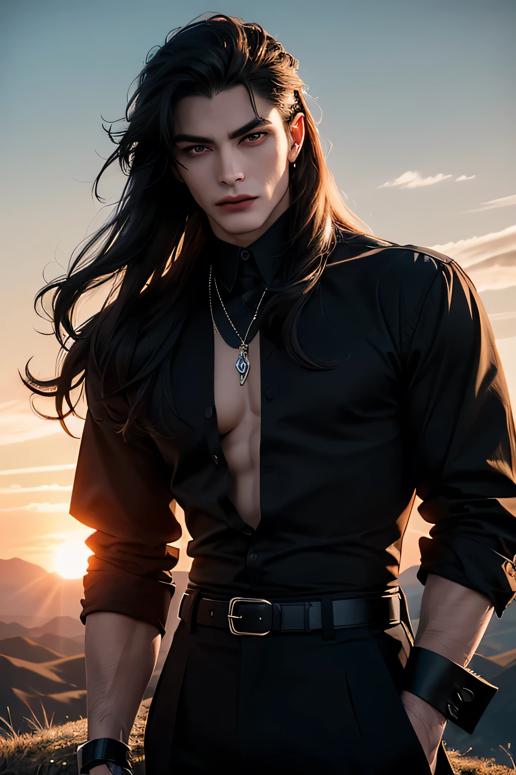 A male incubus, brawny, wearing no shirt, black pants with gold details, with long black hair, horns on head, horns curved backwards, gorgeous eyes, Eyes red, fire in the background, dramatic lighting, Gothic aesthetic. ultra realisitic, extremely details, focus on character, nblurry background.