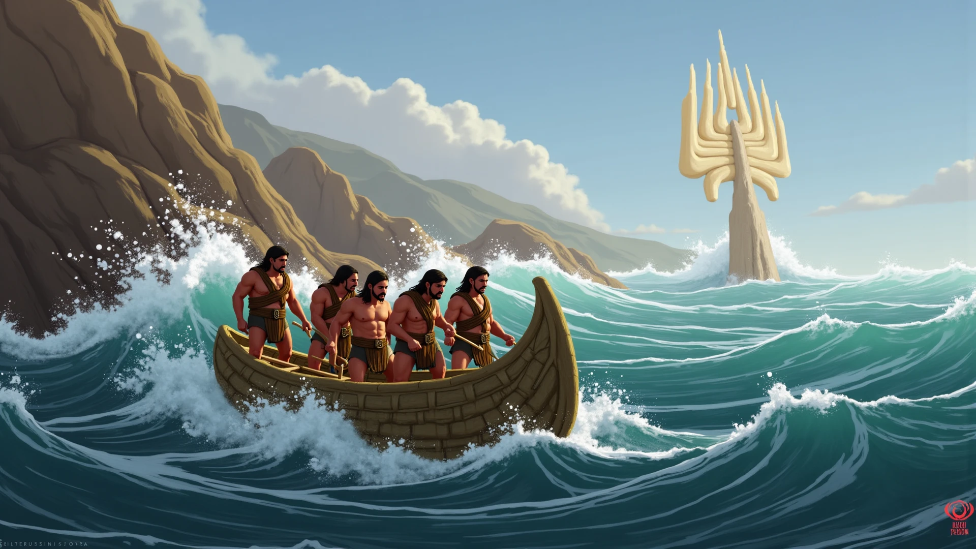 1 God fisherman with blonde curly hair ,1 god fisherman with long black hair ,1 god fisherman with brown curly hair ,animated with big muscles catching hug fish 