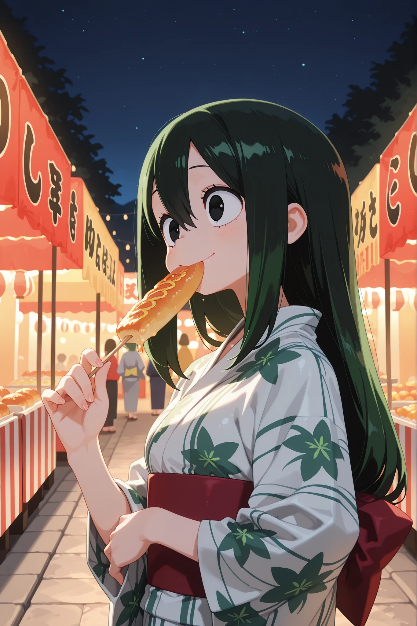 masterpiece, best quality, great quality, 1 female, solo, illutsuyu, long hair, black hair, green hair, long hair, black eyes, kimono, yukata, smiling, festival, night, outdoors, food, , food in mouth,