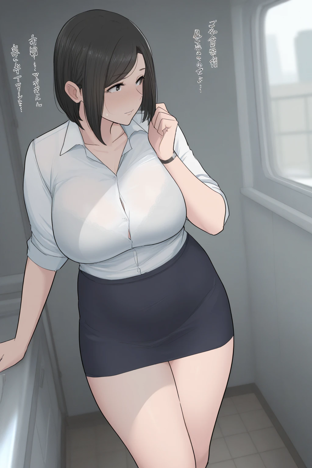 Large breasted women、((skirt))、Angry face、Sit on the toilet seat、My stomach hurts、Hands on your stomach