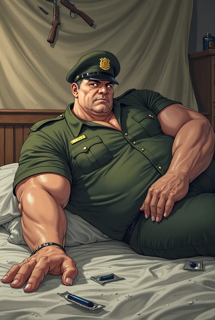 (handsome mature man plump chubby morbid extremely thick thighs bulging belly fat), older man, gray hair, white man, ( wearing,boots,stubble,police chief,bage,beard,old man,indoors,necktie,sitting,spread legs,), bulge, detailed glade on clothing, (fat and corpulent: 1.3), full beard very long, looking at the viewer, handsome man, detailed eyes, symmetrical face, mischievous smile, robust, mustache, longer hair, his body is lying sideways on the floor, front view.