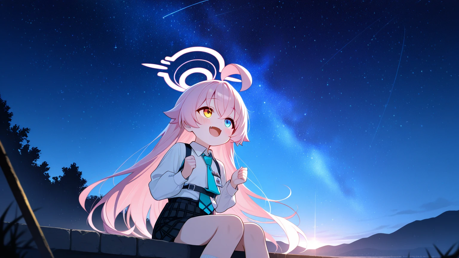 girl, has a young face. hoshino, heterochromia. long hair,pink hair,ahoge. halo. detailed eyes. intricate details. aged down. moist skin. Glimmering shores. Eyes with a deep glow. Blushing. happy. open mouth. white shirt, blue tie, collar shirt, outdoor, hair quality eyes, smile, top body, hands up, looking for shoulder strap,. very good lighting BREAK、Fantasy style、vibrant colors and dramatic lighting、ambient occlusion、masterpiece , best quality , amazing quality,masterpiece, best quality, very aesthetic, very high resolution, one woman, Hoshino, pink hair, Alone, heterochromia, long hair, blue eyes, fangs, ahoge, yellow eyes, outdoor, hair quality eyes, smile, top body, hands up,pink halo, night, Stars in the night sky, star, sitting, sit, looking up at the sky, great view, majestic, star,