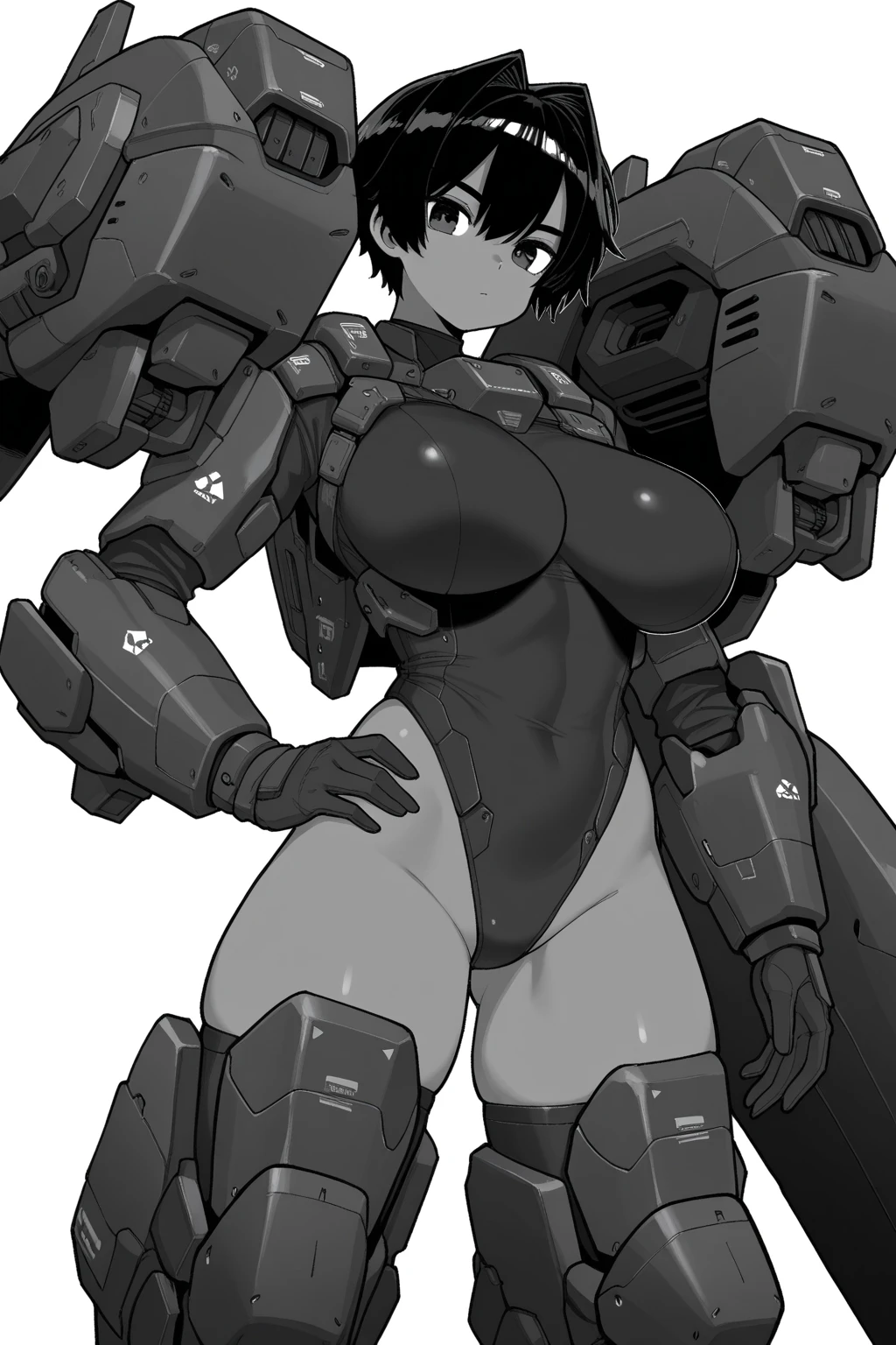 1 dark skinned girl, futuristic mech pilot, topless, no panties, huge breasts, mech pilot base