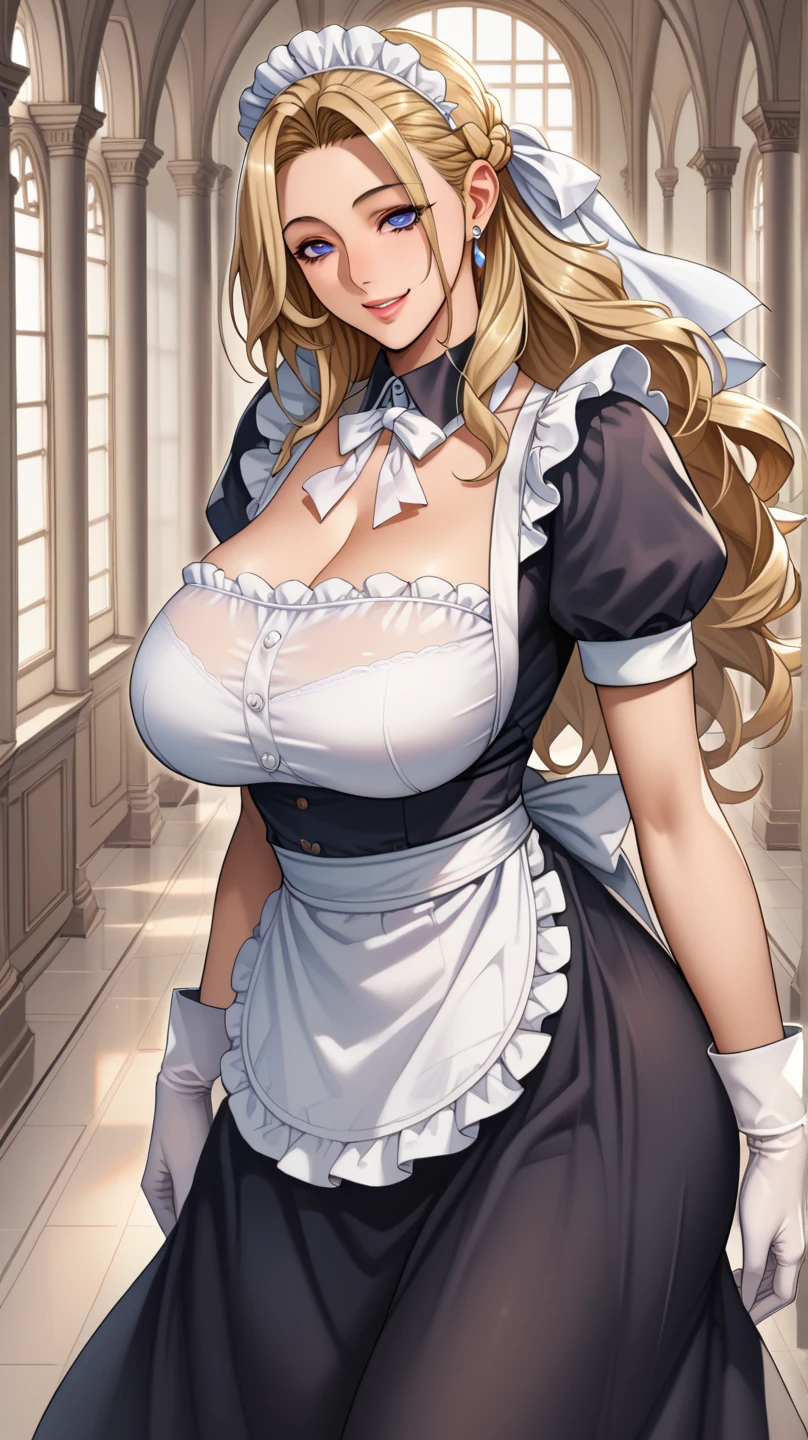 Britney Spears, blonde hair, hourglass figure, blue eyes, huge tits, huge ass, slave collar, wide hips, slim waist, Maid outfit, (Black color Maid outfit victorian)
