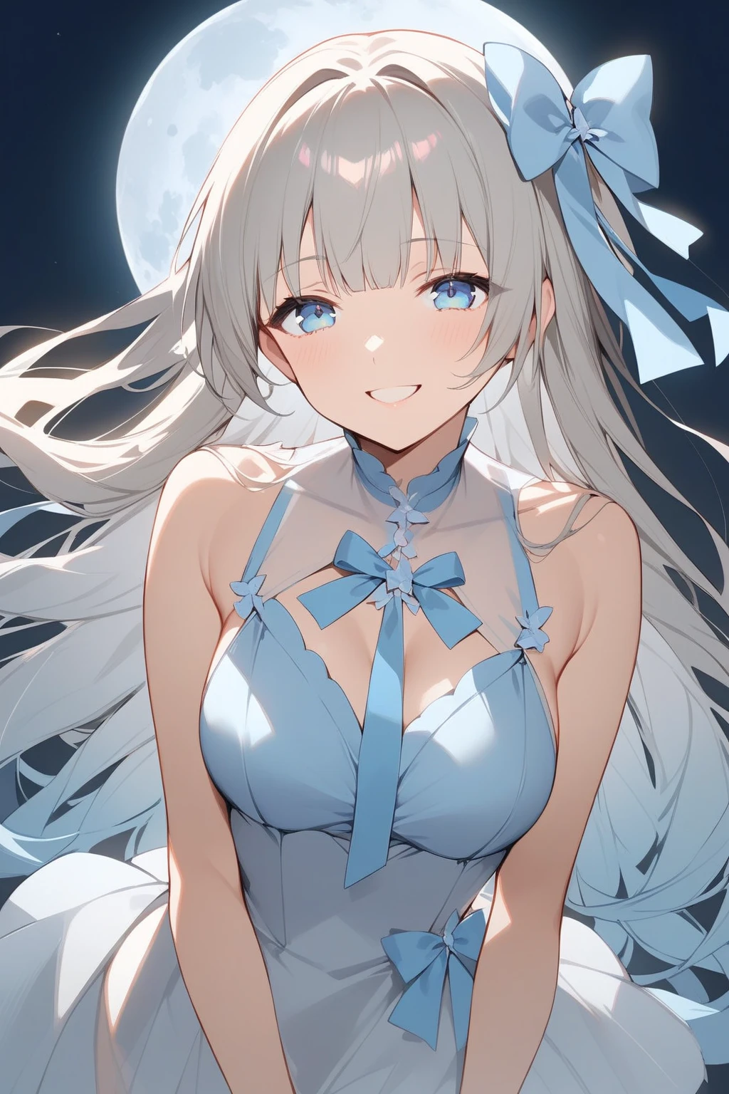 (Masterpiece), (Top Quality Anime Illustration), (Super Definition), One Girl, Solo, Silver-haired Beautiful Girl, Anime Loli, Cat Ear Loli, Pale Color Peach See-Through Dress, Sleeveless, Smile, Cleavage Enhancement, Lower Breast Enhancement, Thighs, Tarot Card Style, Sweetheart
